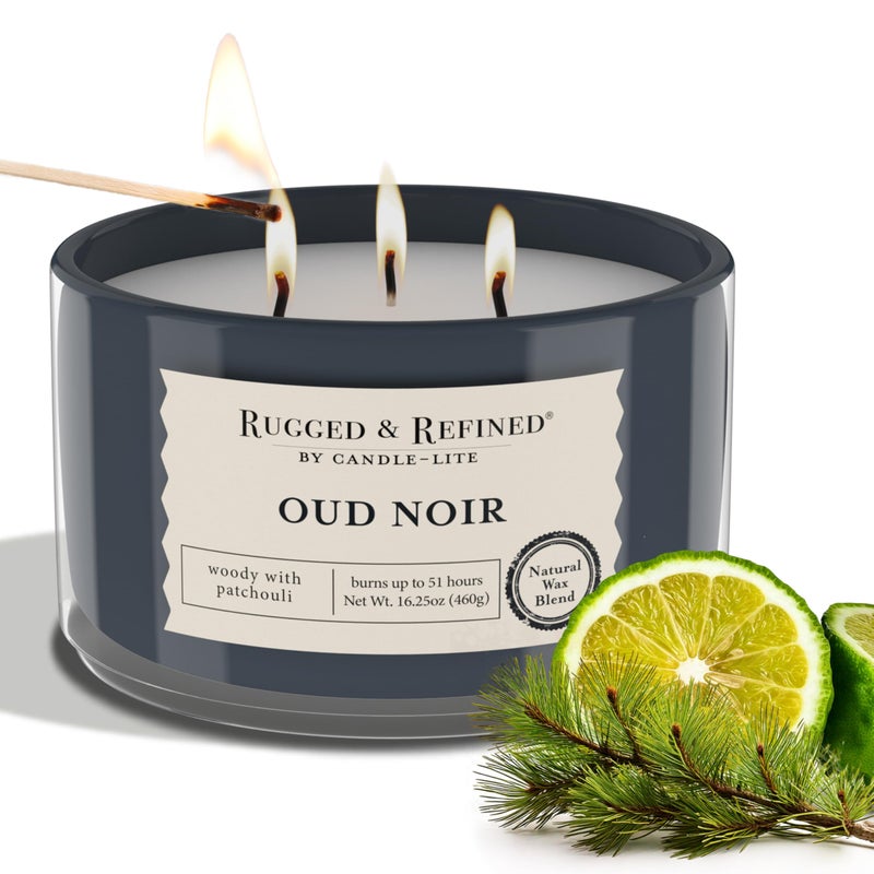 CandleLite Scented Candles for Men Oud Noir Fragrance 1625 oz Jar 3Wick 51 Hours of Burn Time Masculine Aromatherapy with Long Lasting Scent Ideal Gift for Fathers Day and Home Decor